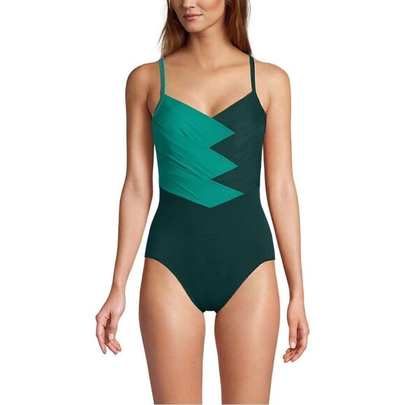 Land's End Plus Standard slender swimsuit pleated X back 1 piece swimsuit Var - Picture 2 of 5